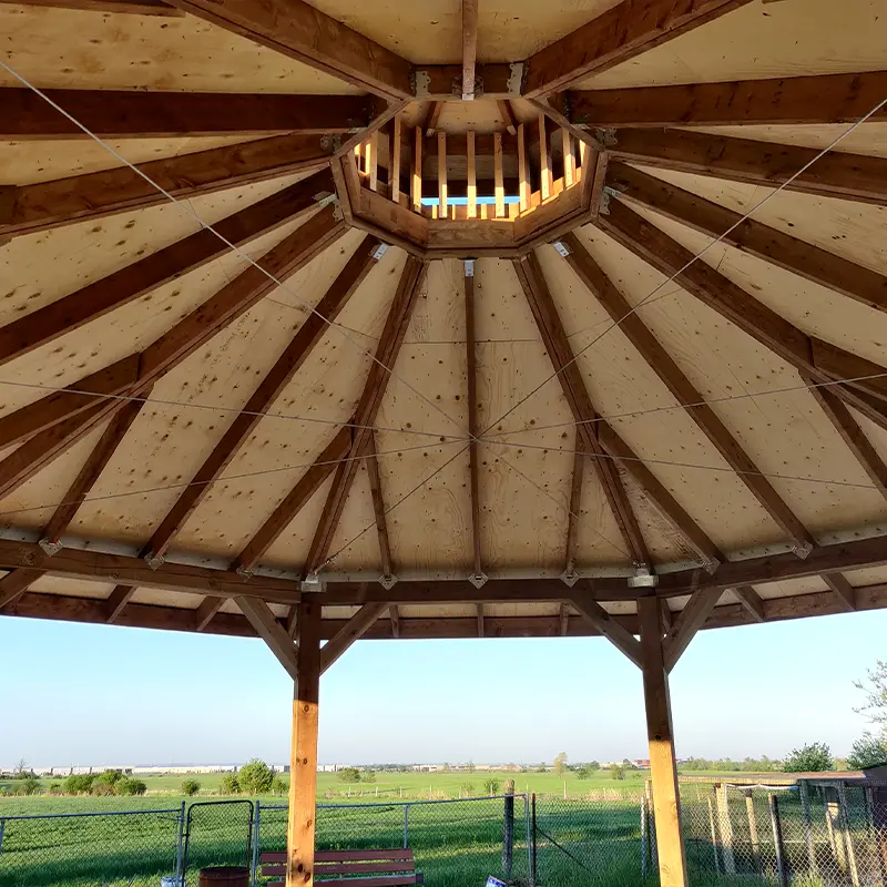 Interior roof framing of custom wooden gazebo built by Megapol Deck in GTA.