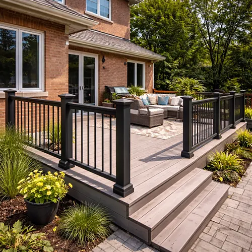 Megapol Deck aluminum railing installation on composite deck in backyard patio