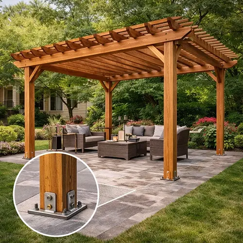 Megapol Deck anchored pergola installation secured to ground with metal brackets on backyard patio