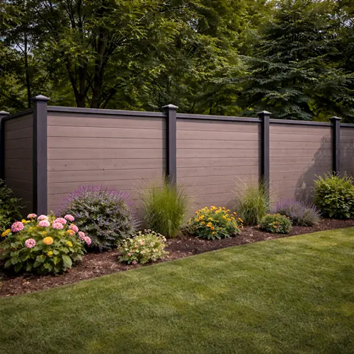 Megapol Deck composite fence installation with modern privacy fencing in backyard