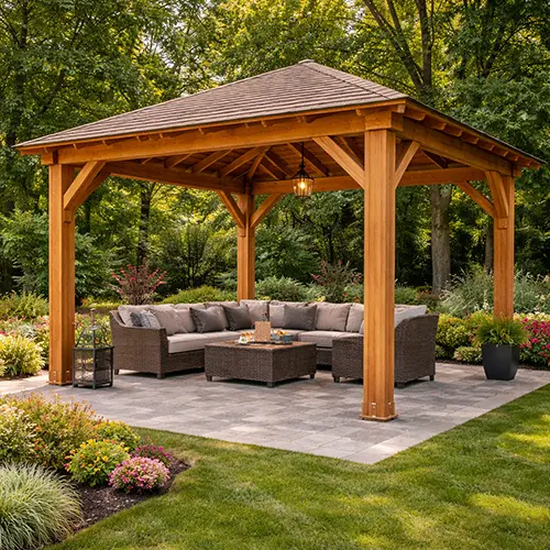 Megapol Deck custom wooden gazebo installation in backyard outdoor living space