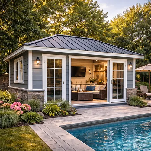 Megapol Deck enclosed cabana with doors and windows built near backyard pool