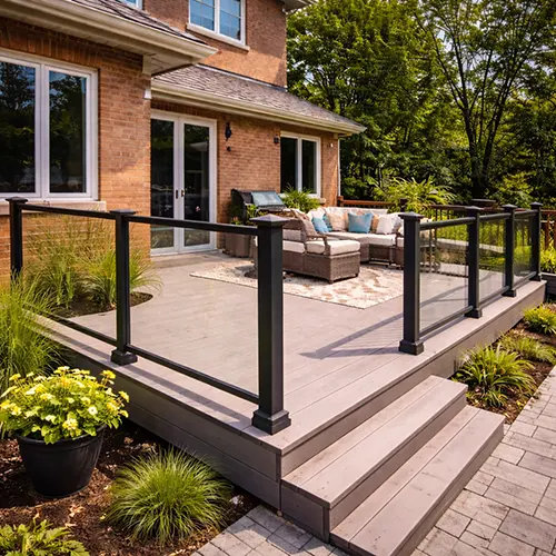 Megapol Deck glass railing system installed on backyard deck with modern design