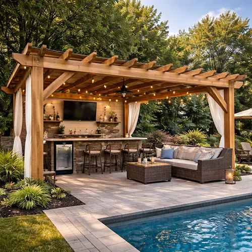 Megapol Deck open cabana with outdoor bar and seating area in backyard patio