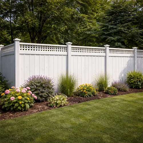 Megapol Deck vinyl fence installation with white privacy fence in backyard
