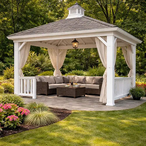 Megapol Deck vinyl gazebo installation with white structure in backyard garden patio