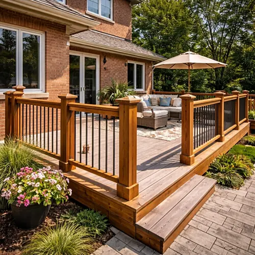Megapol Deck wood deck railing installation on backyard deck with outdoor seating